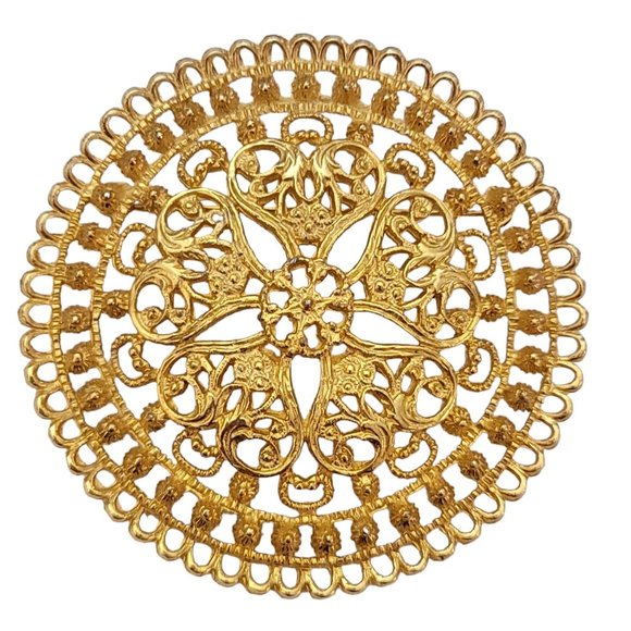 Gold Tone Round Heart Medallion Etruscan Statement Brooch K880 - Picture 1 of 6